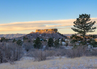 First Light on the Rock with Fresh Snow in Fall at Sunrise in Castle Rock