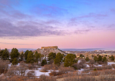 Pink, Purple and Blue Skies in Photo of Winter Scene of Castle Rock CO