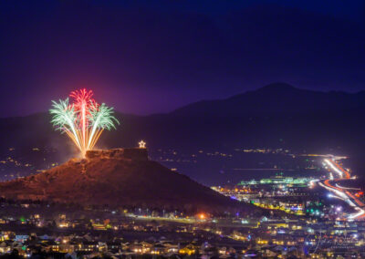 Green, Gold and Red Fireworks over Castle Rock CO Starlighting Ceremony